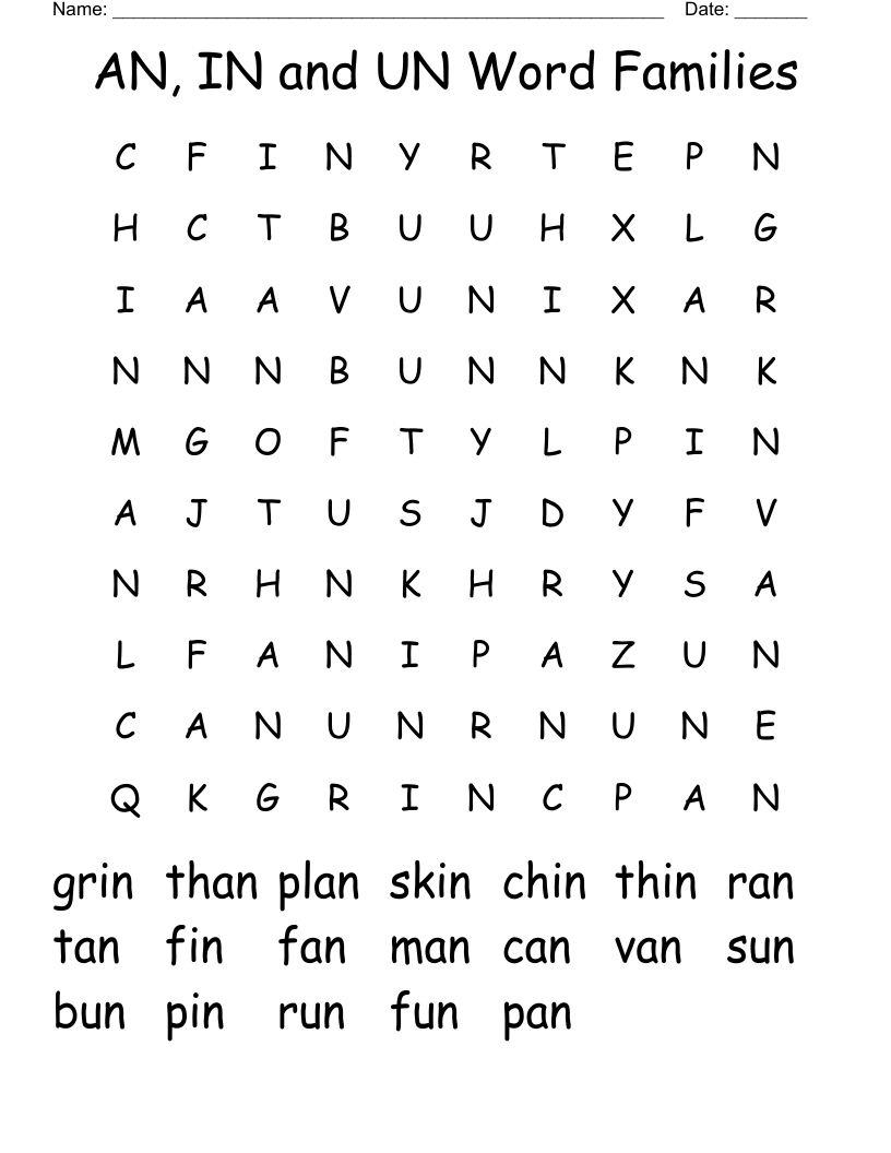 AN, IN and UN Word Families Word Search