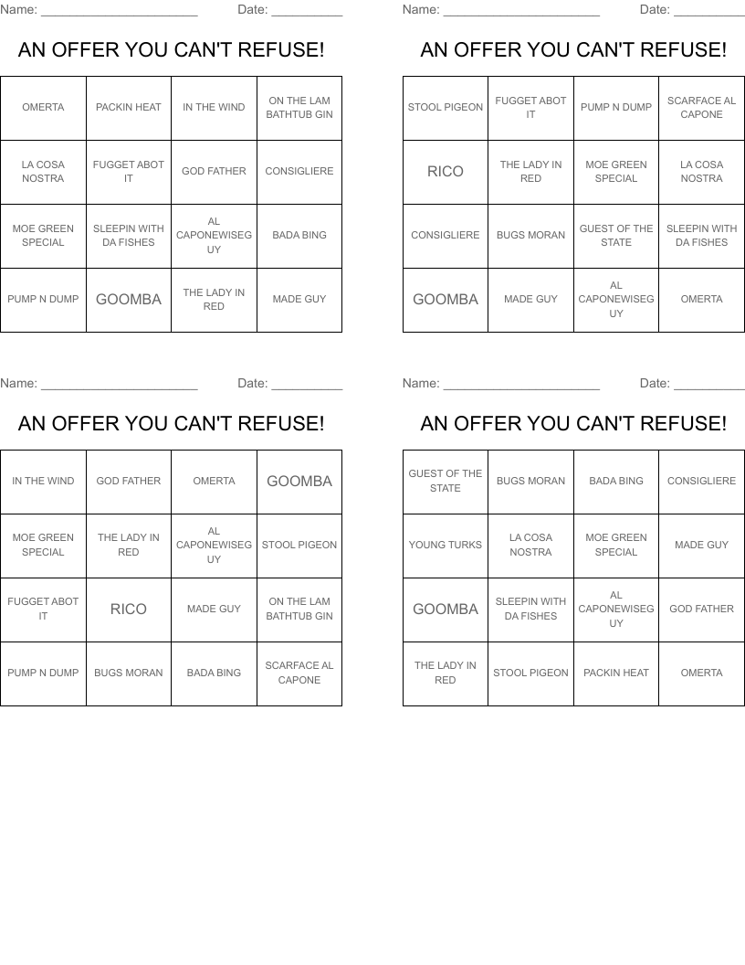 AN OFFER YOU CAN'T REFUSE! Bingo Cards