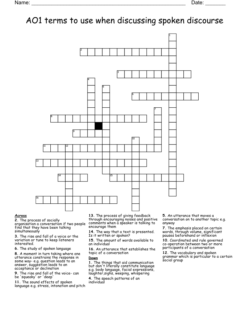AO1 terms to use when discussing spoken discourse Crossword