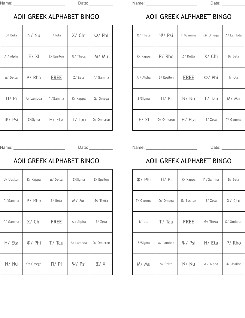 AOII GREEK ALPHABET BINGO