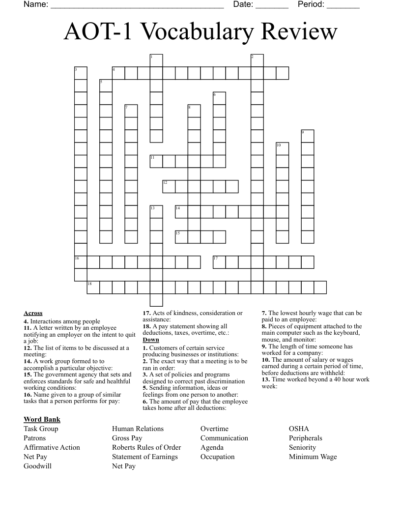 AOT-1 Vocabulary Review Crossword
