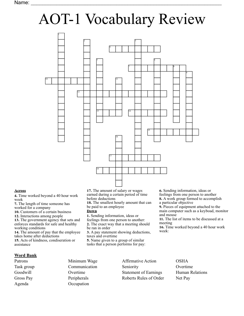 AOT-1 Vocabulary Review Crossword