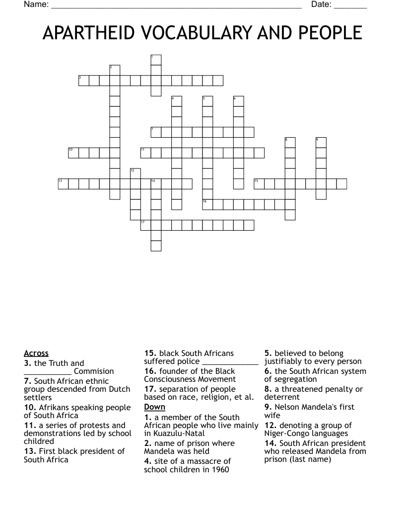 APARTHEID VOCABULARY AND PEOPLE Crossword