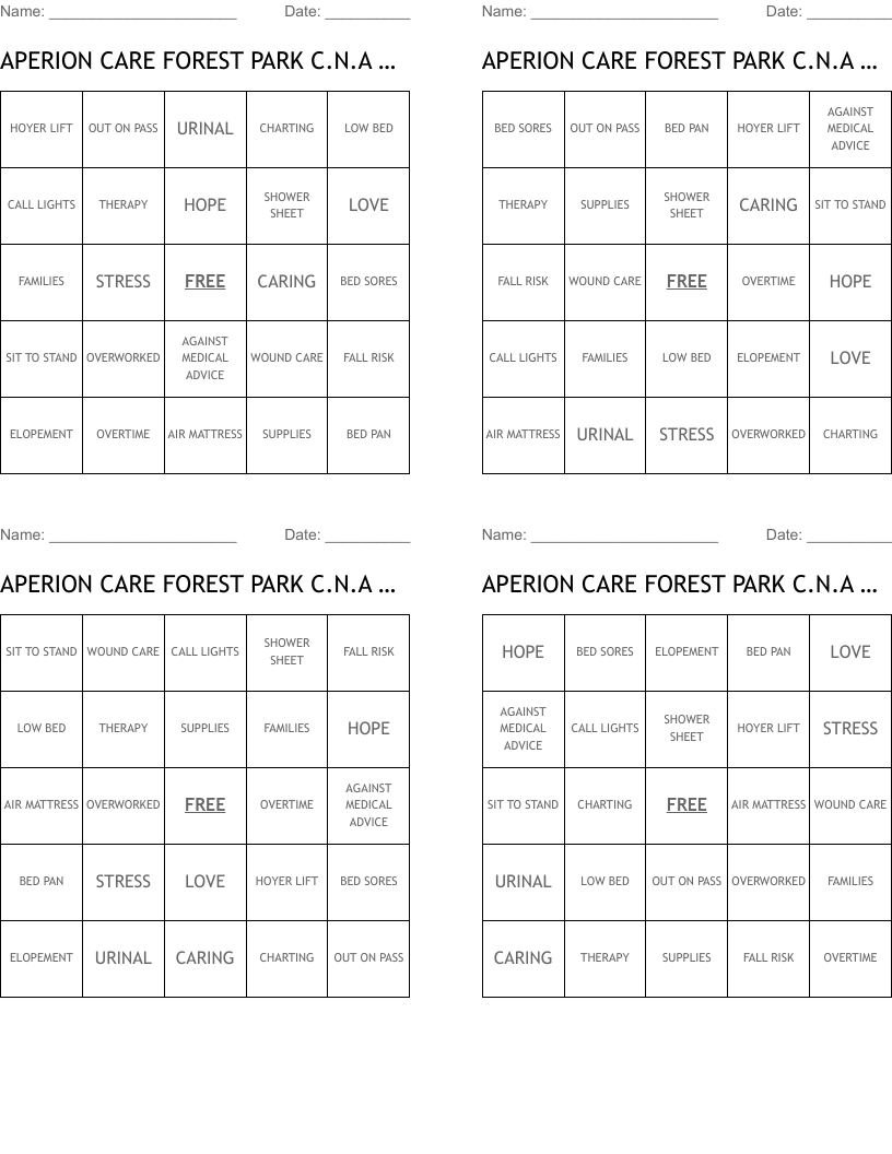 APERION CARE FOREST PARK C.N.A WEEK BINGO