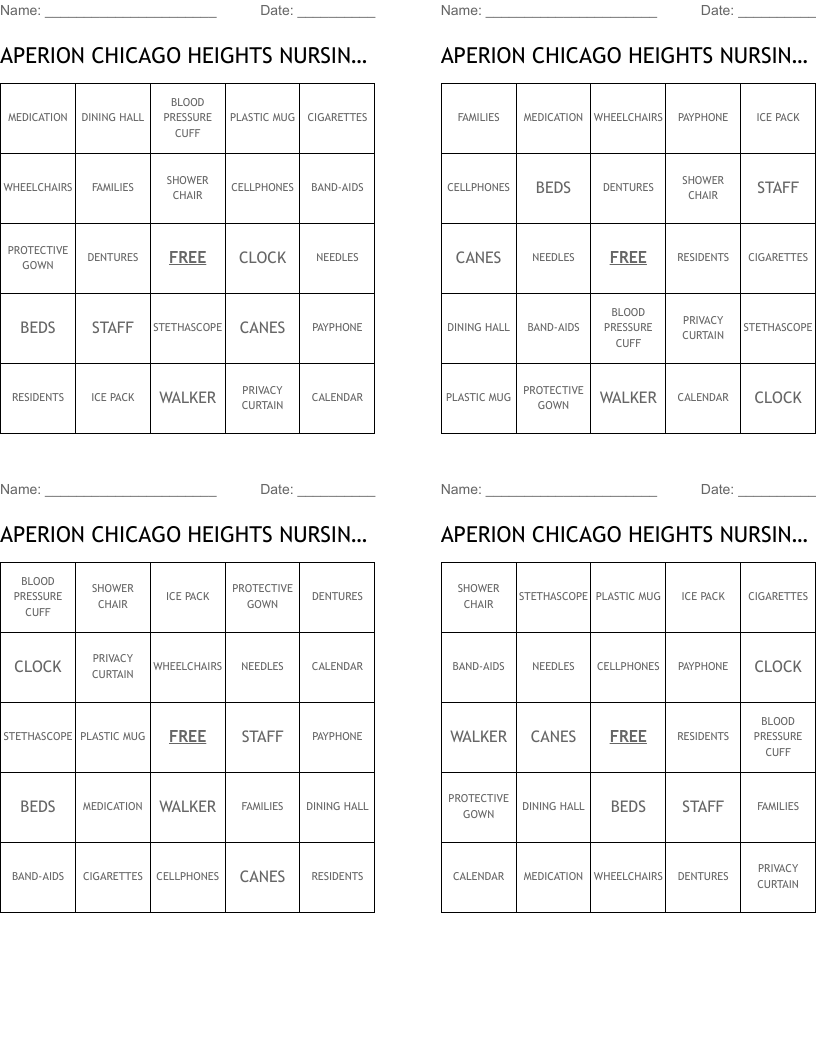 APERION CHICAGO HEIGHTS NURSING HOME WEEK Bingo Cards