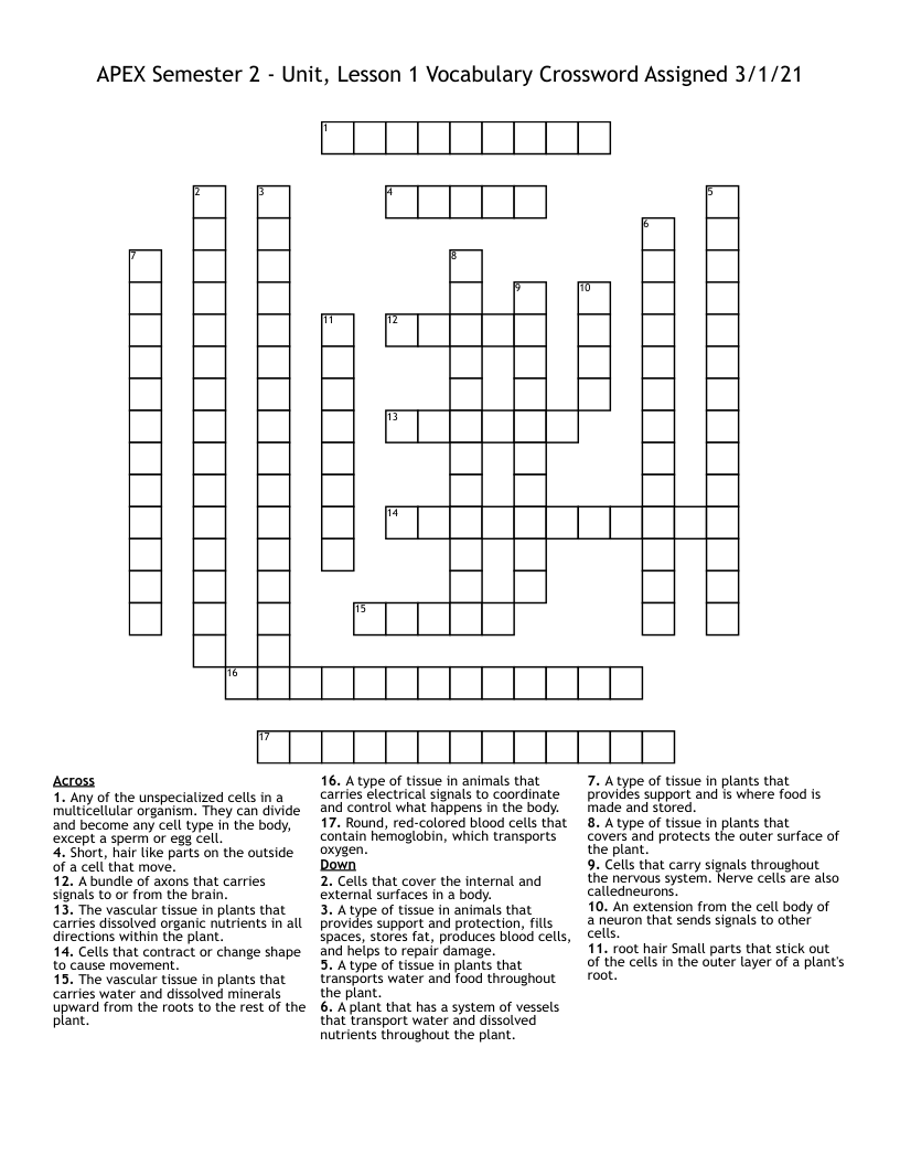 APEX Semester 2 - Unit,  Lesson 1 Vocabulary Crossword Assigned 3/1/21