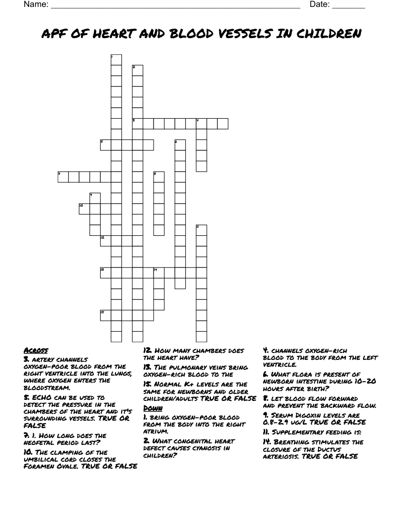 APF OF HEART AND BLOOD VESSELS IN CHILDREN Crossword