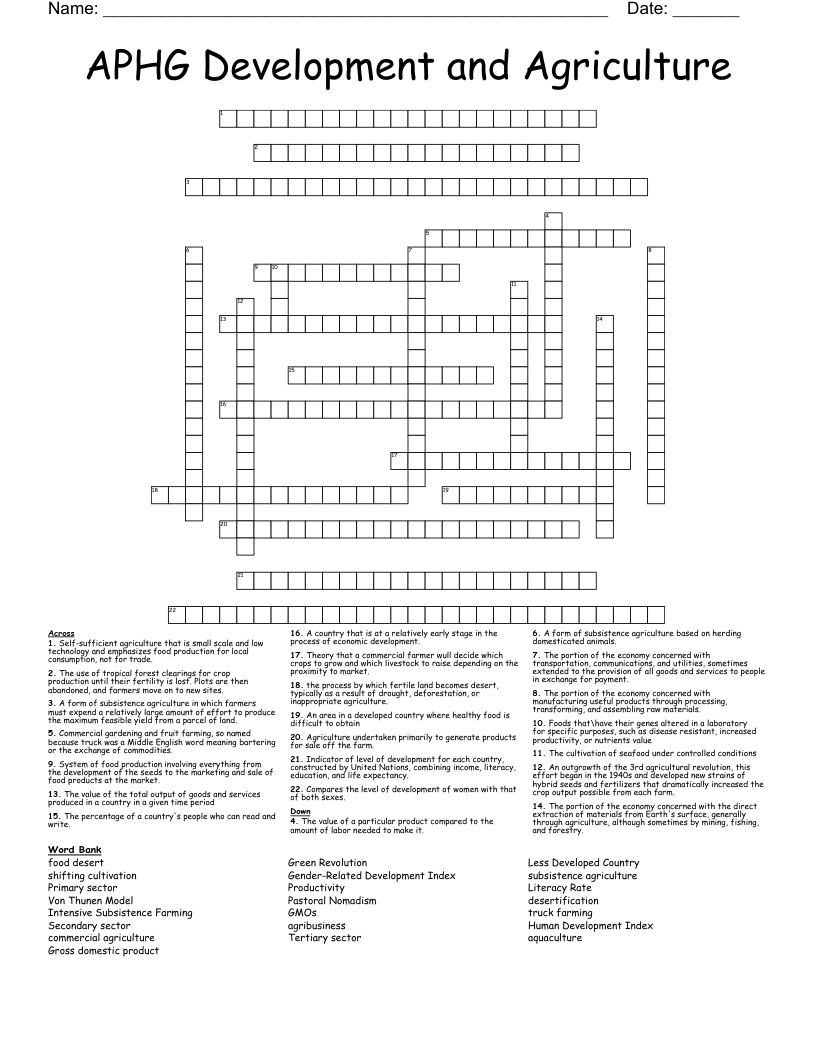 APHG Development and Agriculture Crossword