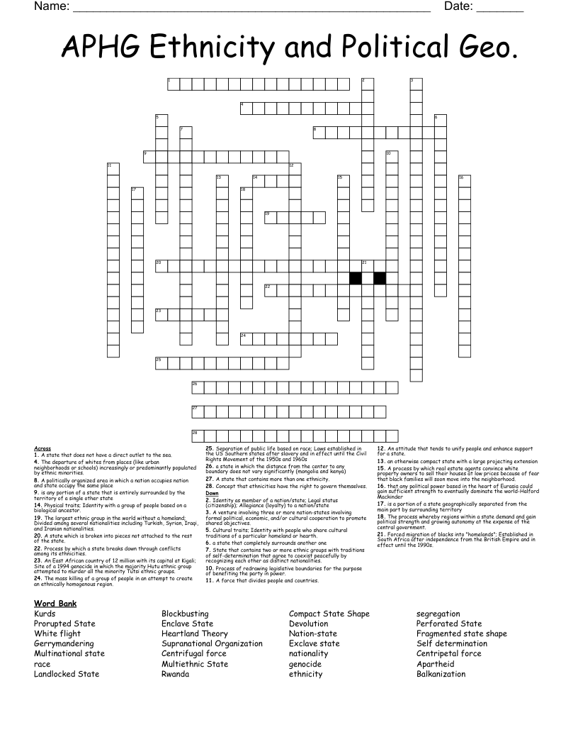 APHG Ethnicity and Political Geo. Crossword