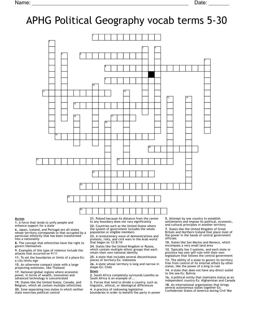 APHG Political Geography vocab terms 5-30 Crossword