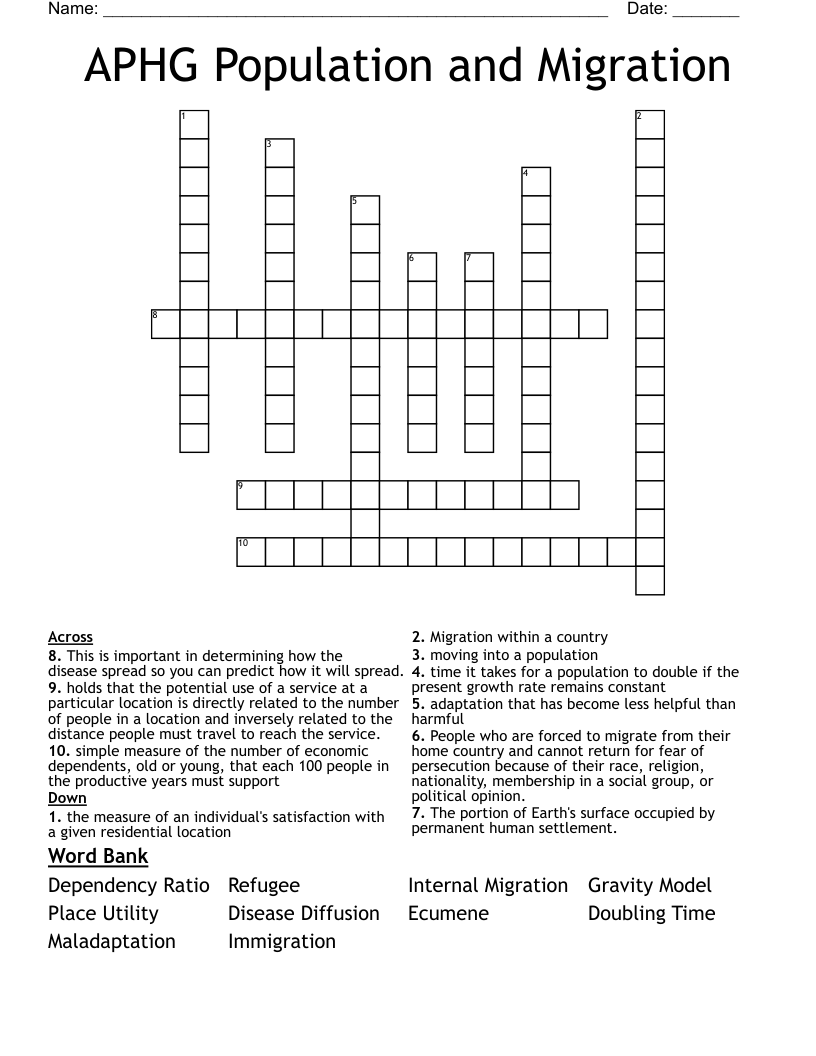 APHG Population and Migration Crossword