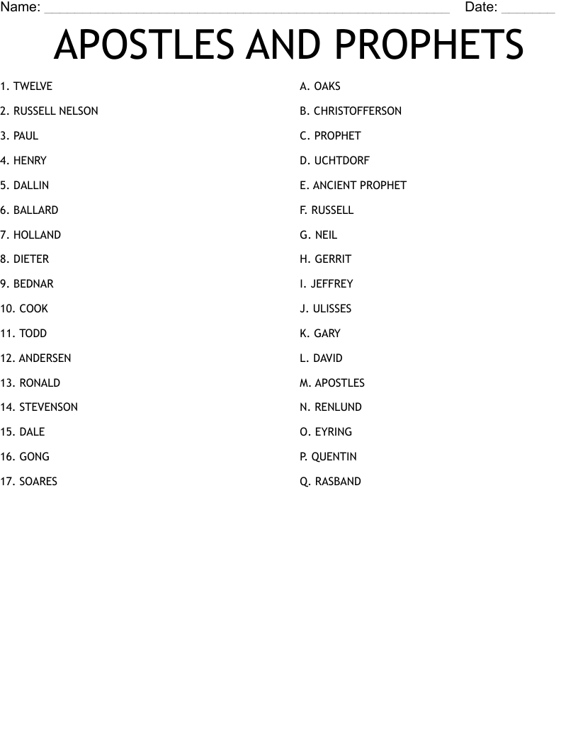 APOSTLES AND PROPHETS Worksheet