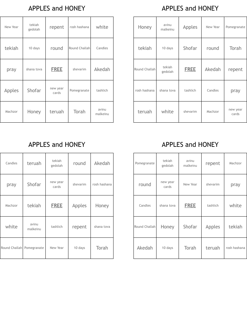 APPLES and HONEY Bingo Cards