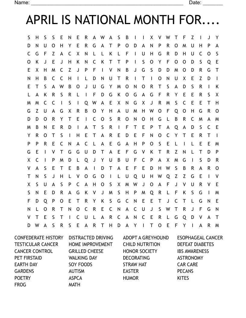 APRIL IS NATIONAL MONTH FOR.... Word Search
