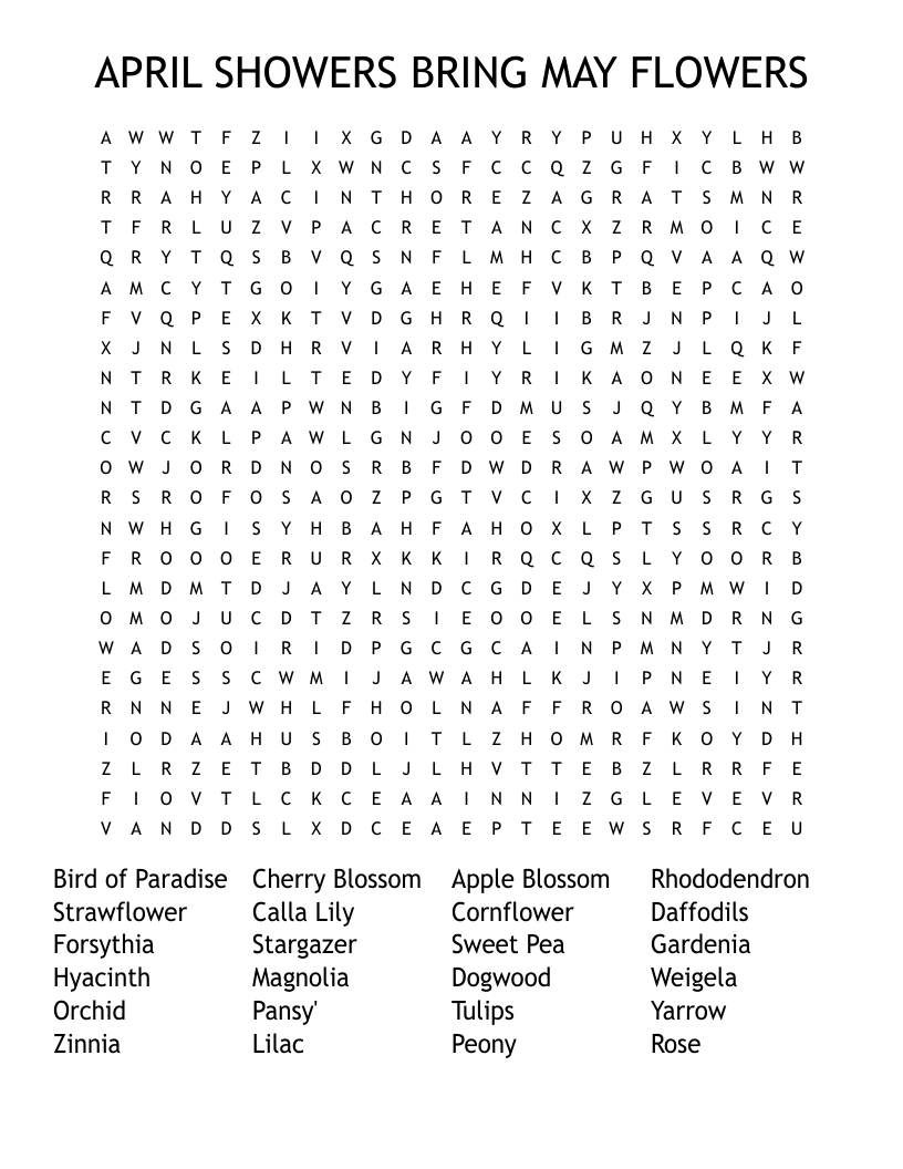 APRIL SHOWERS BRING MAY FLOWERS Word Search