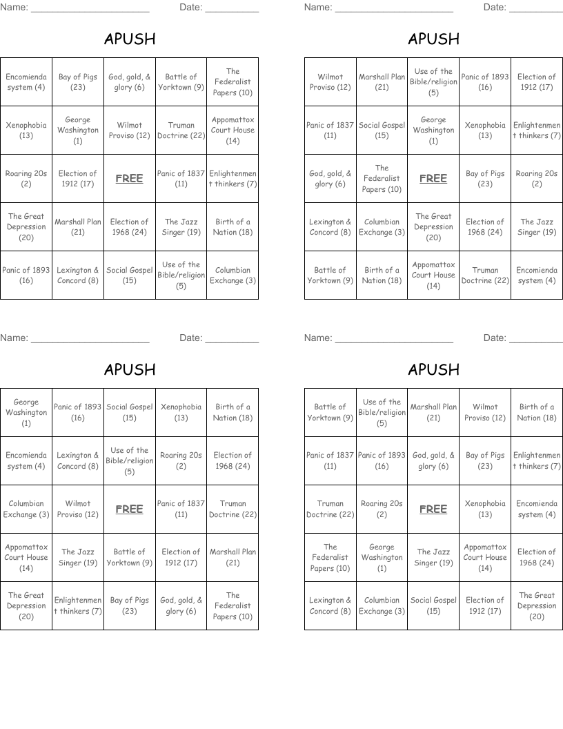 APUSH Bingo Cards