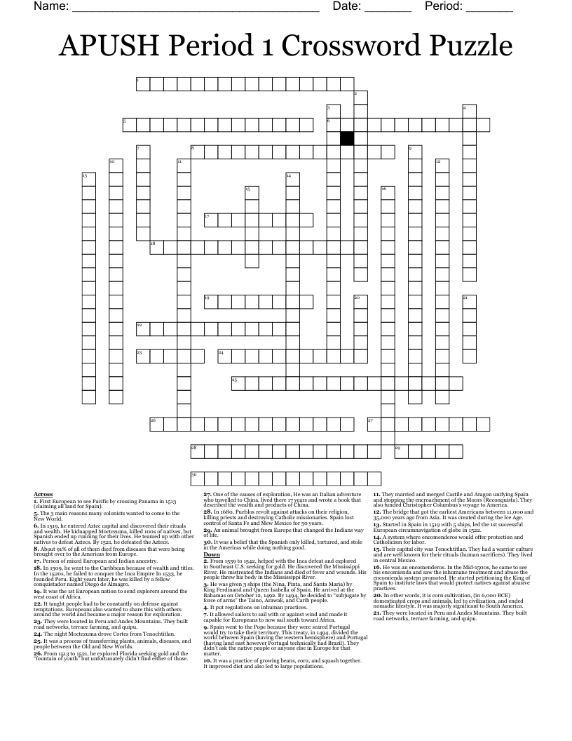 APUSH Period 1 Crossword Puzzle