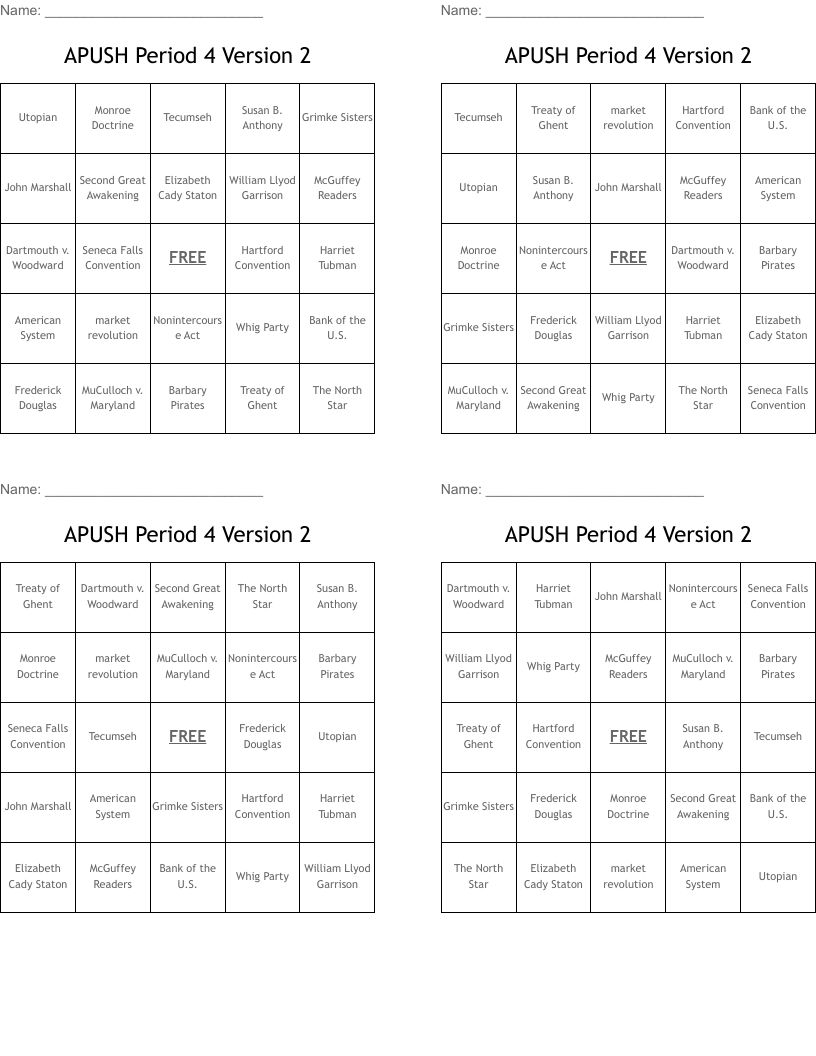 APUSH Period 4 Version 2 Bingo Cards