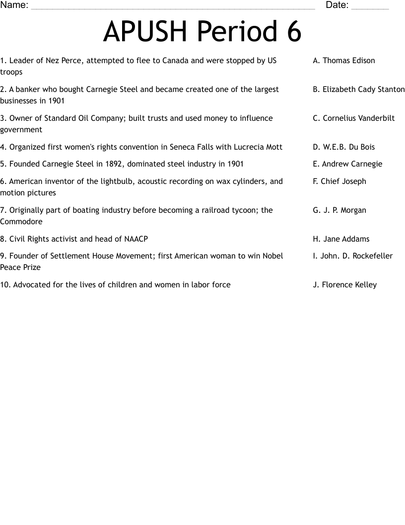 APUSH Period 6 Worksheet