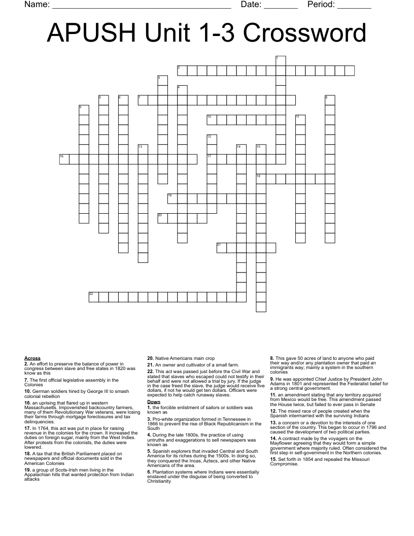 APUSH Unit 1-3 Crossword