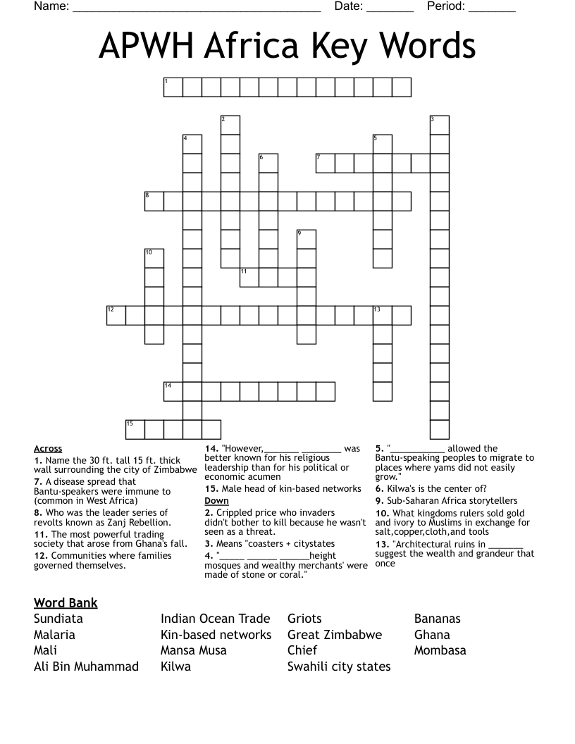 APWH Africa Key Words Crossword