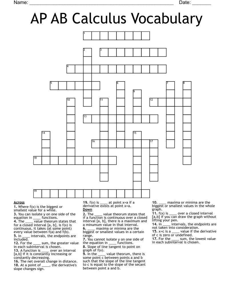 AP AB Calculus Vocabulary Crossword