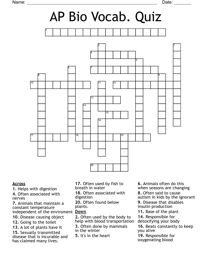 AP Bio Vocab. Quiz Crossword