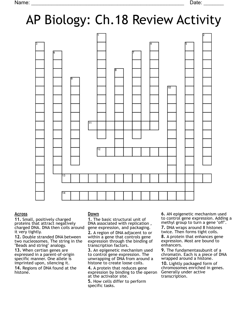 AP Biology: Ch.18 Review Activity Crossword