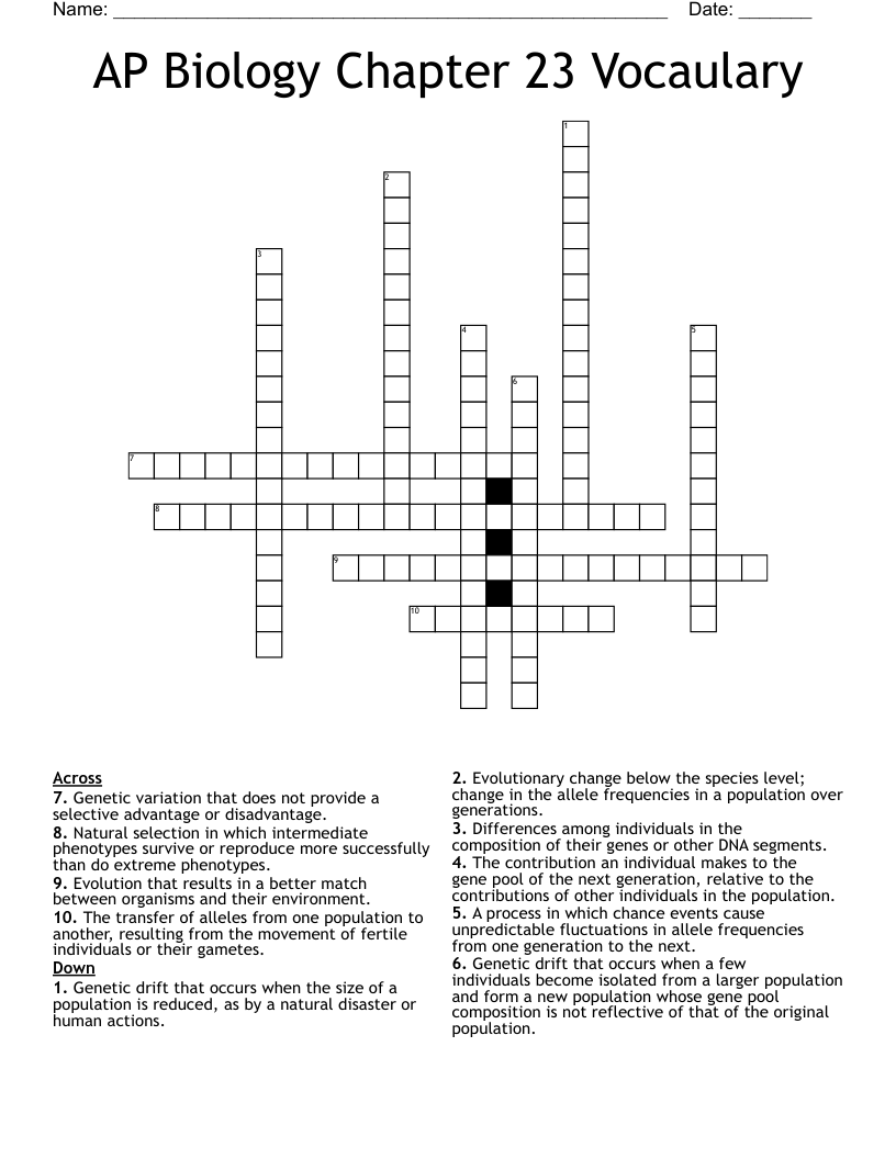 AP Biology Chapter 23 Vocaulary Crossword