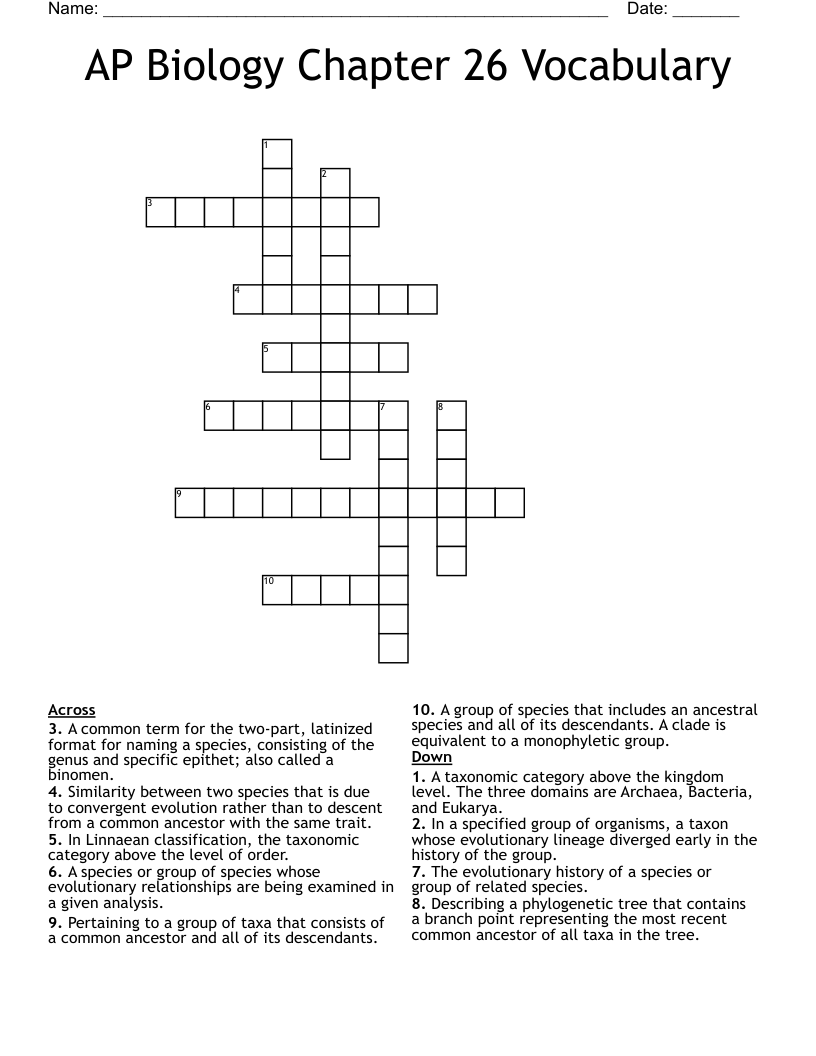AP Biology Chapter 26 Vocabulary Crossword