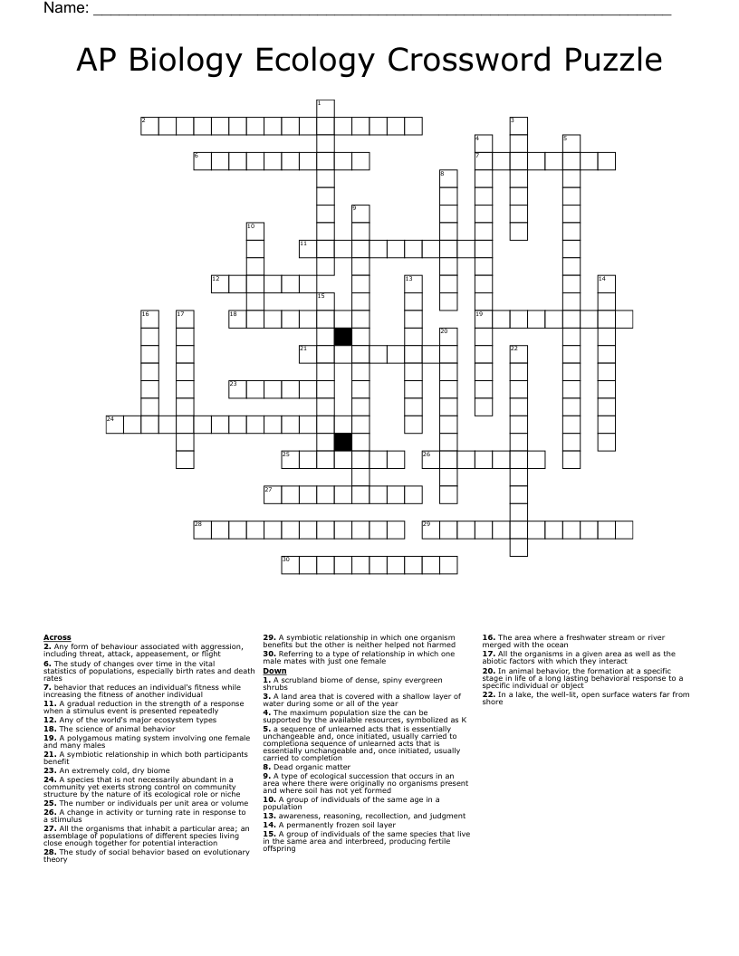 AP Biology Ecology Crossword Puzzle