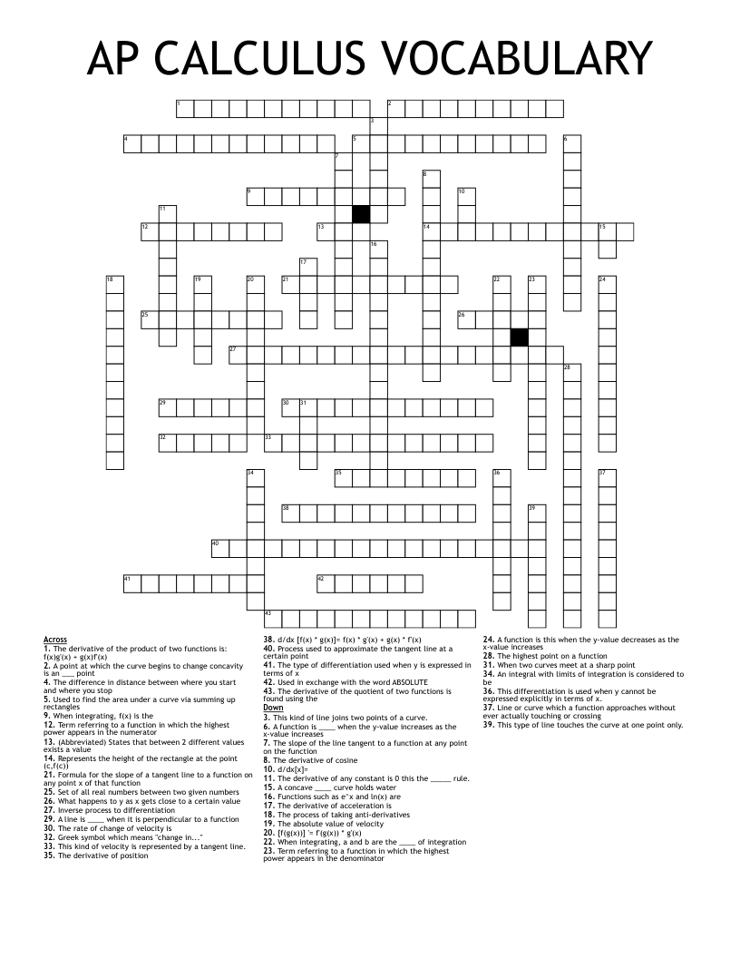 AP CALCULUS VOCABULARY Crossword