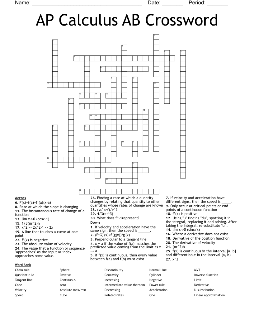 AP Calculus AB Crossword