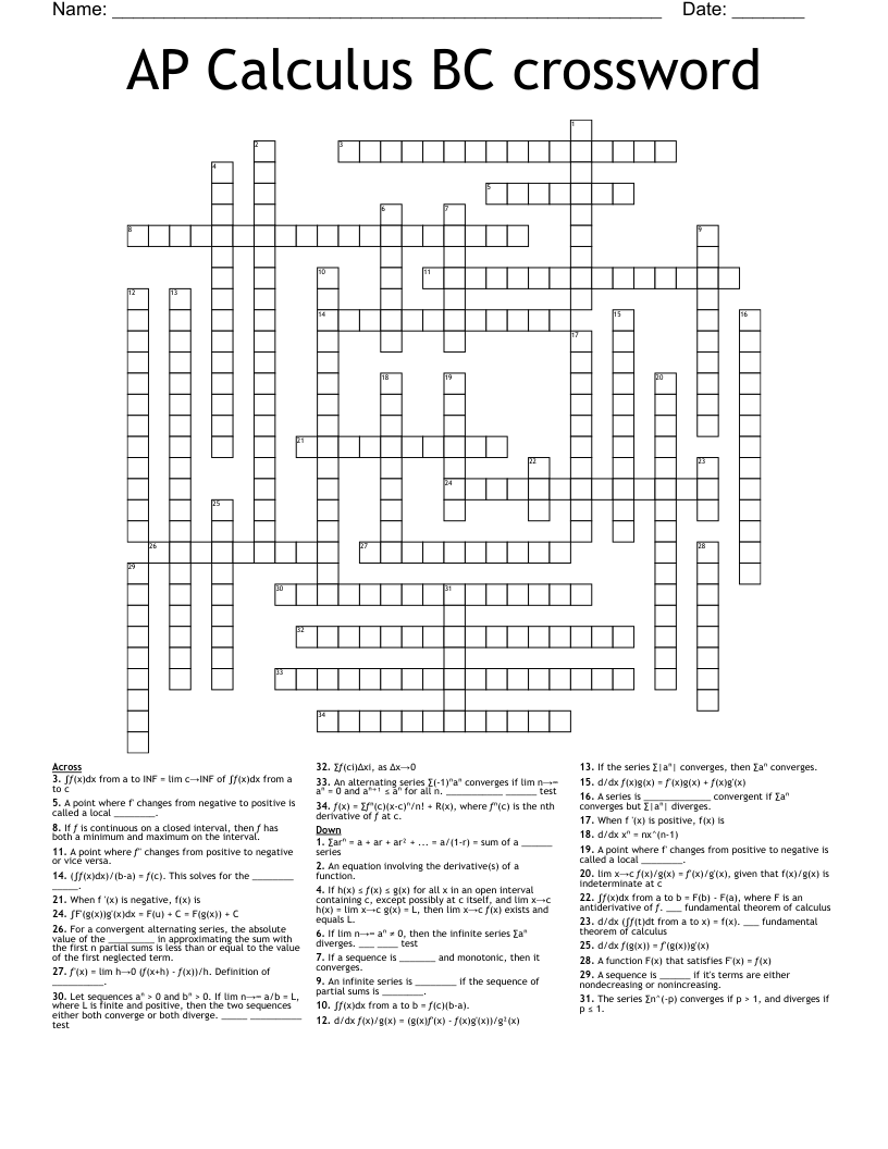 AP Calculus BC crossword