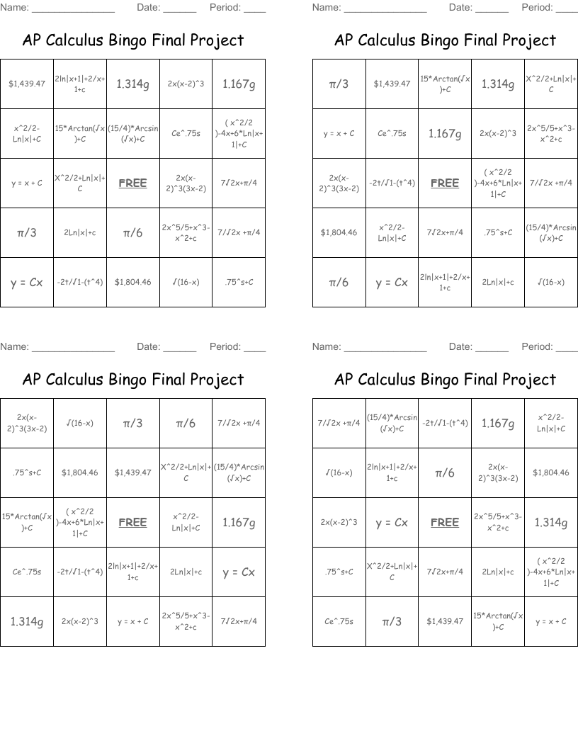 AP Calculus Bingo Final Project