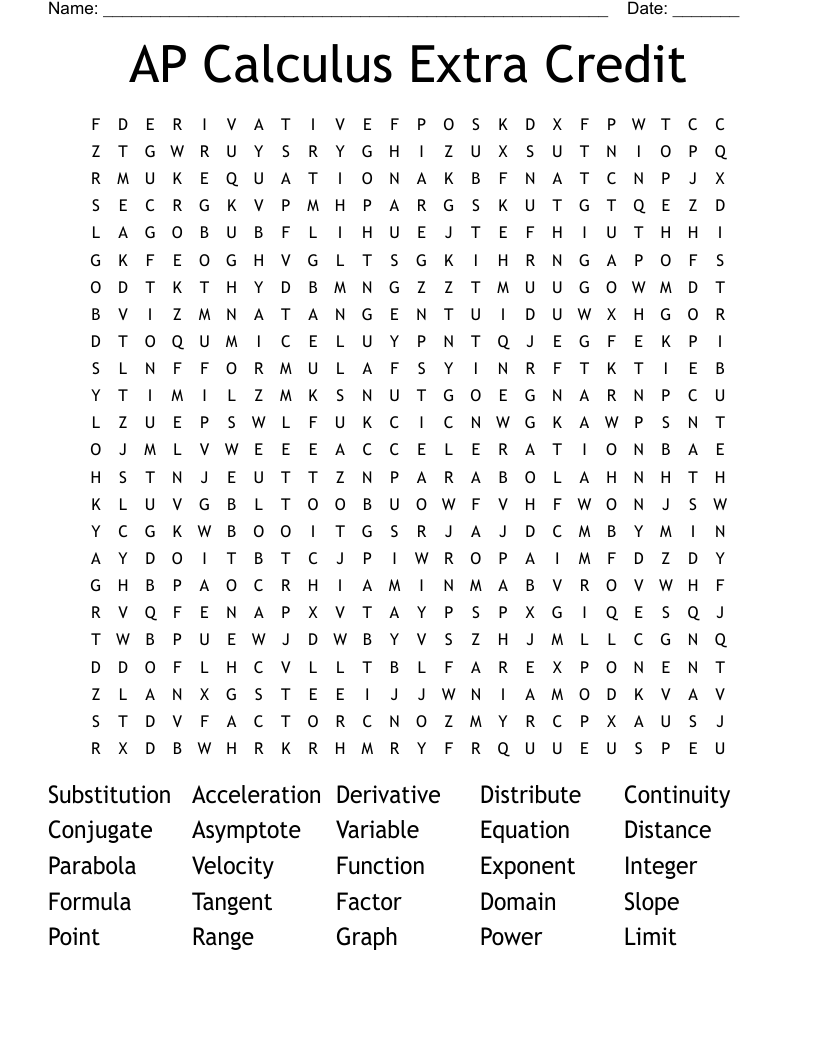 AP Calculus Extra Credit Word Search