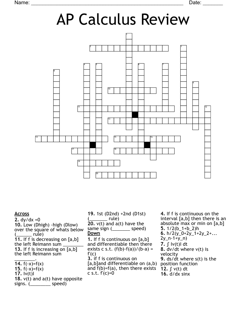 AP Calculus Review Crossword