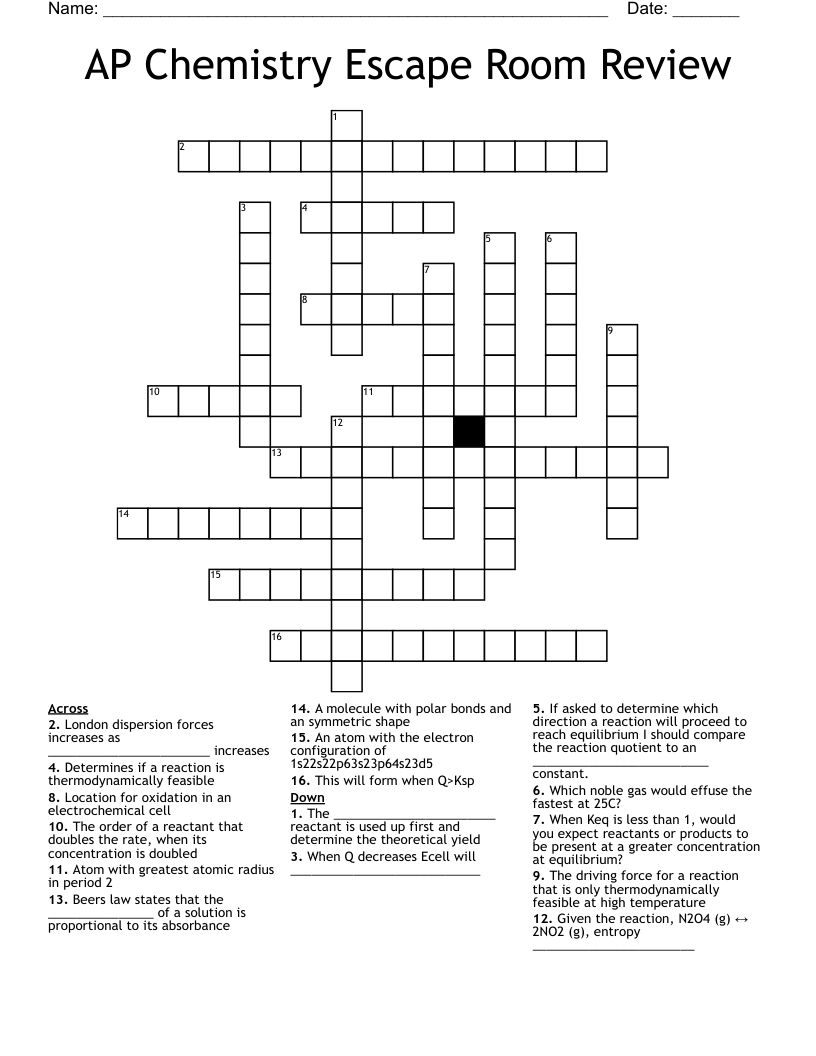 AP Chemistry Escape Room Review Crossword