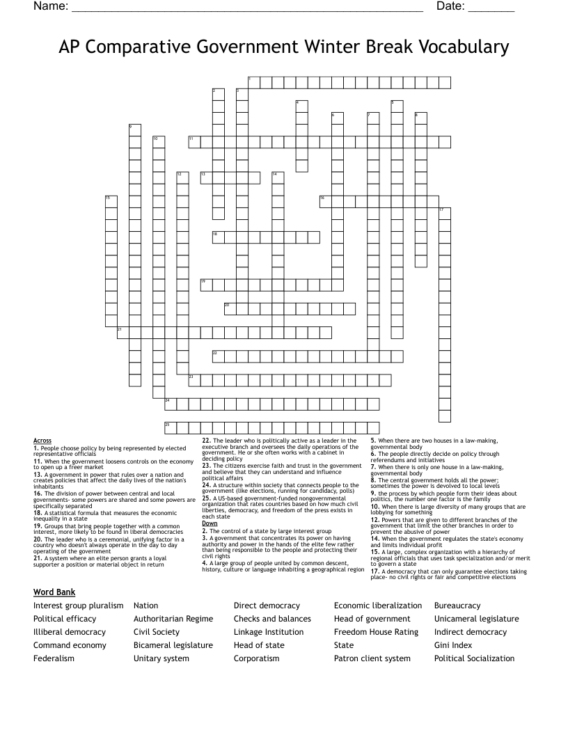 AP Comparative Government Winter Break Vocabulary Crossword