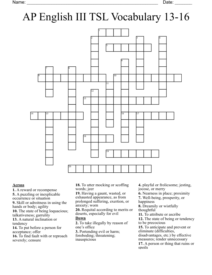 AP English III TSL Vocabulary 13-16 Crossword