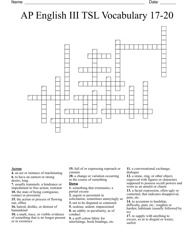 AP English III TSL Vocabulary 17-20 Crossword