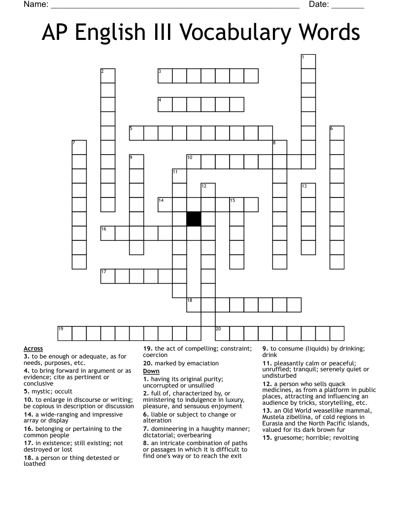 AP English III Vocabulary Words Crossword