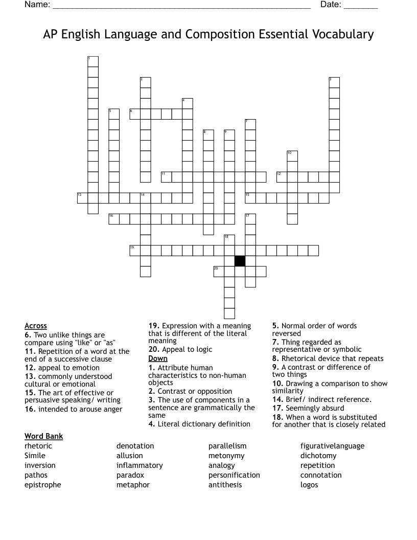 AP English Language and Composition Essential Vocabulary Crossword