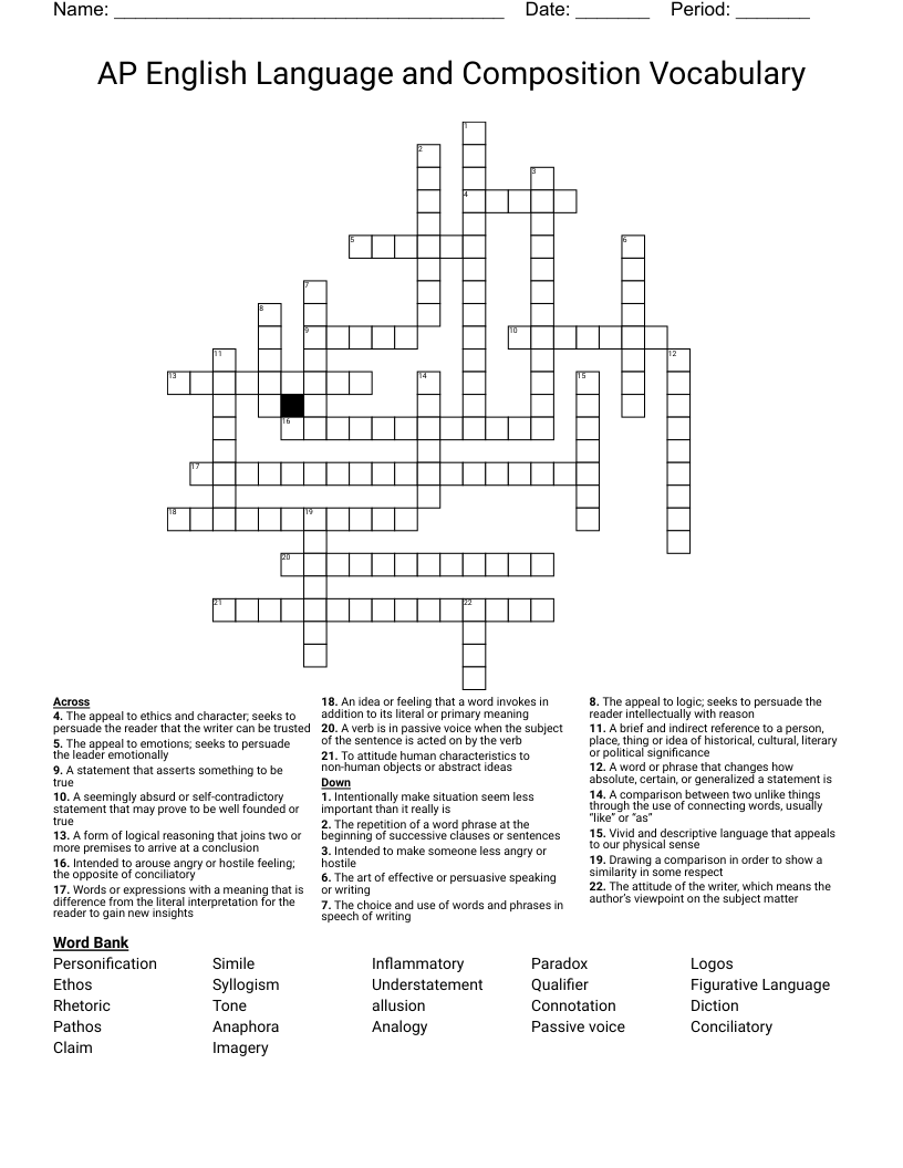 AP English Language and Composition Vocabulary  Crossword