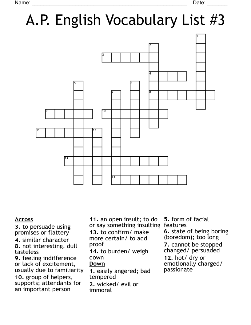 A.P. English Vocabulary List #3 Crossword