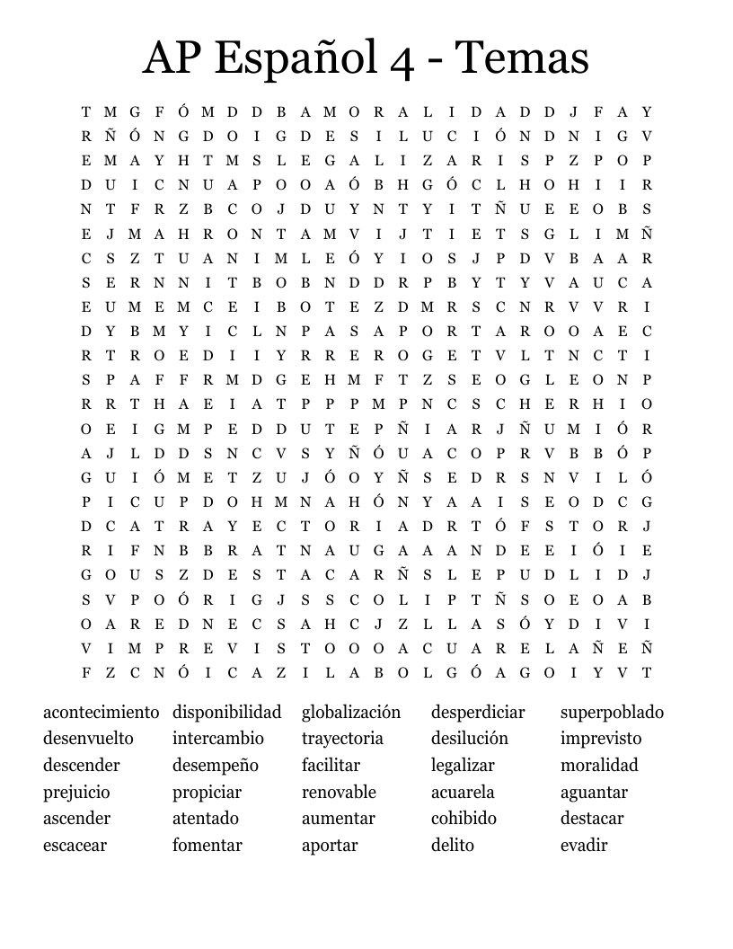 AP Español 4 - Temas Word Search