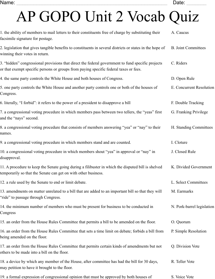 AP GOPO Unit 2 Vocab Quiz Worksheet
