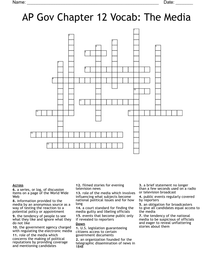 AP Gov Chapter 12 Vocab: The Media Crossword