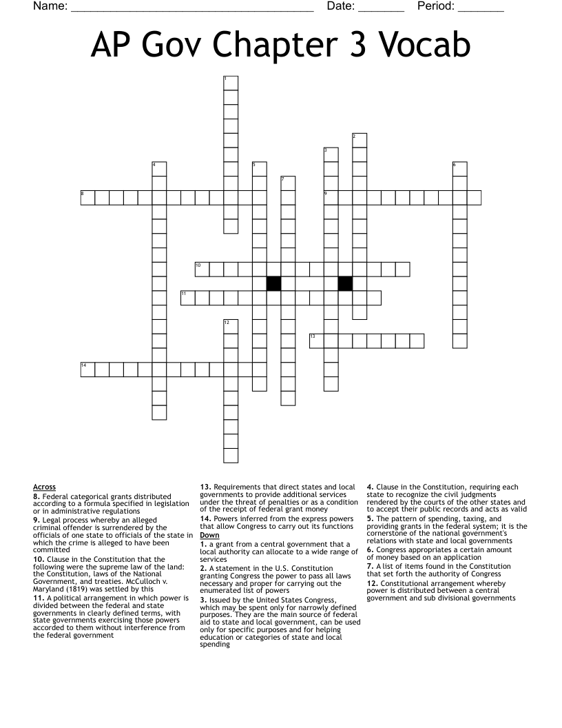 AP Gov Chapter 3 Vocab Crossword
