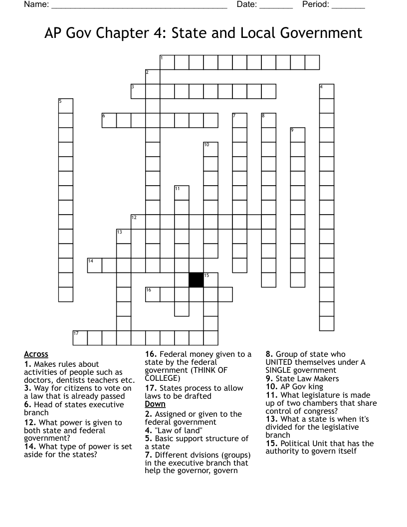 AP Gov Chapter 4: State and Local Government  Crossword